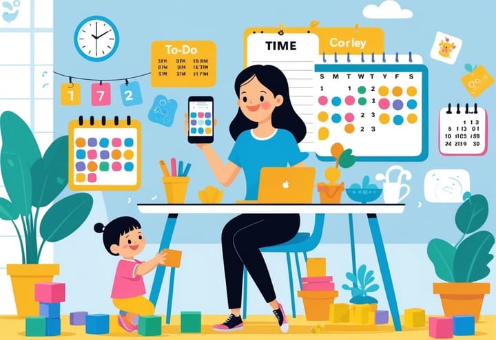 A mom sitting at a kitchen table using a smartphone with a toddler playing on the floor nearby, surrounded by a calendar, clock, and toys in a cozy home.