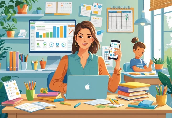 A homeschooling mom organizing tasks at her desk with a laptop and planner while her child studies nearby in a bright home office.