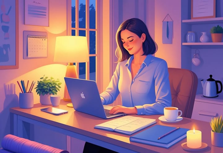 A busy mom entrepreneur sitting at a desk in a cozy home office, surrounded by evening routine items like a laptop, tea, planner, and calming candles, with a child playing in the background.