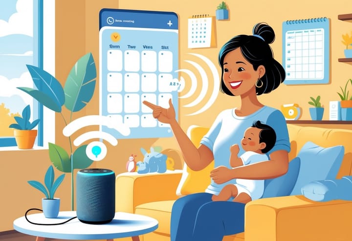 A stay-at-home mom holding a baby and interacting with a smart speaker in a cozy living room.