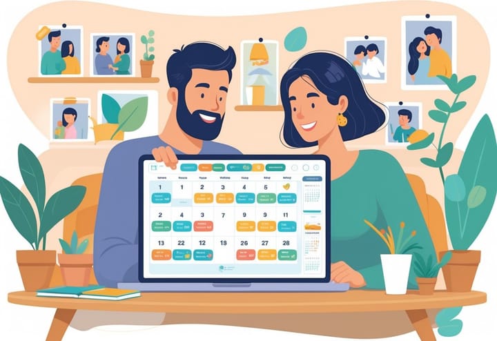 A mother and father sitting together at a table using a laptop to set up a shared family calendar.