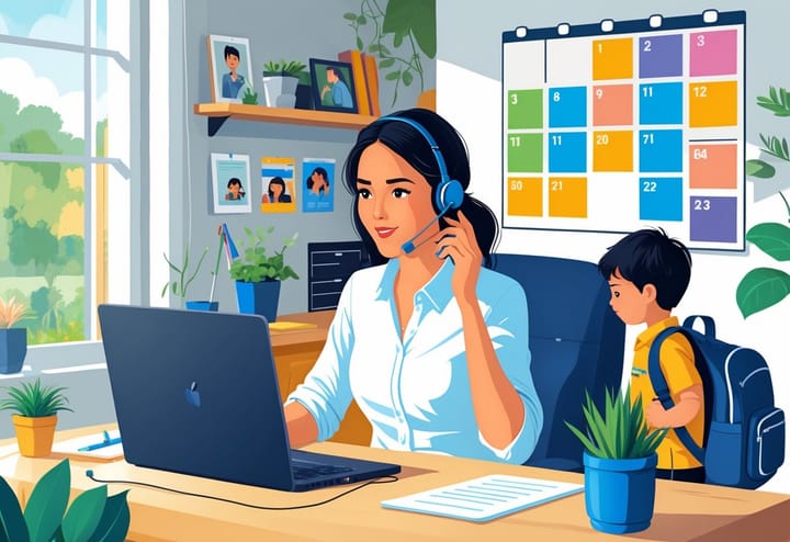 A mother working on a laptop with a headset in a home office while her child prepares for school in the background.