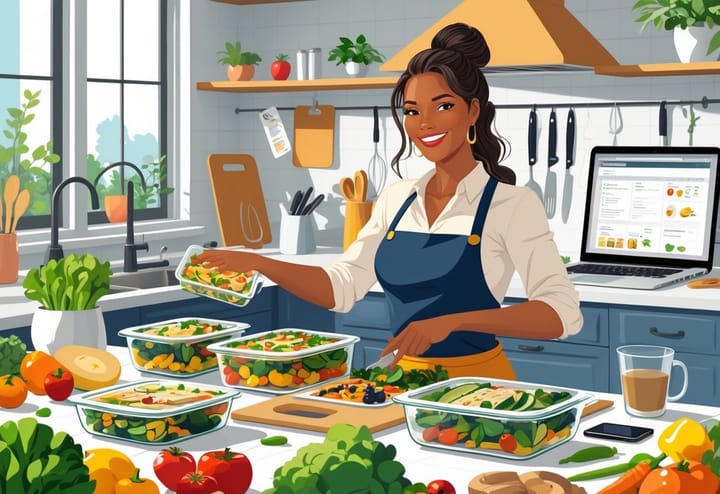 A mom entrepreneur in a bright kitchen preparing and organizing pre-cooked meals in containers with fresh vegetables and a laptop on the counter.