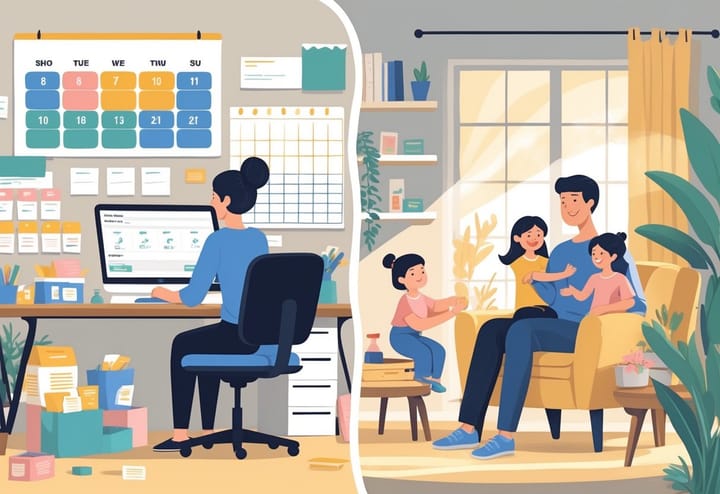 A person working at a desk managing Etsy orders with packages and a calendar nearby, while also spending quality time with family in a cozy home setting.