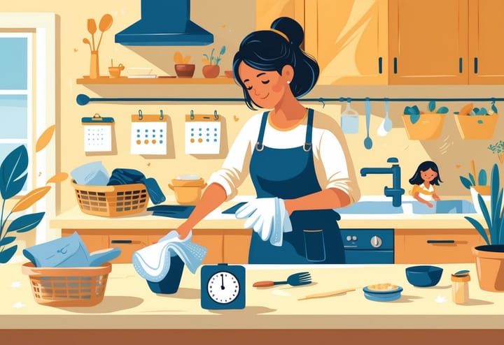 A mom quickly cleaning the kitchen counter with a timer nearby, managing small household tasks while a child plays quietly in the background.