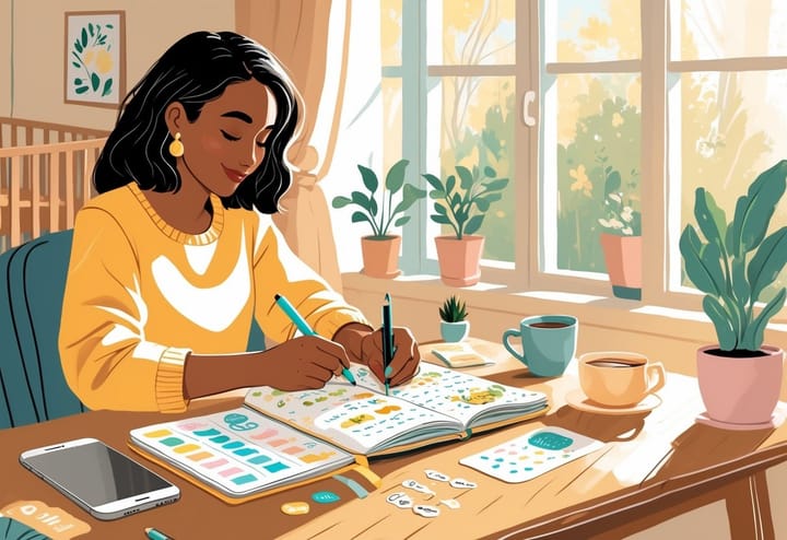 A stay-at-home mom sitting at a desk by a window, writing in a bullet journal surrounded by household items like a baby crib and a potted plant.