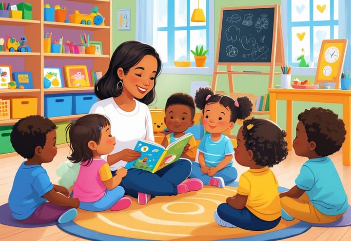 A mother reading a book to a group of young children in a bright and colorful home daycare room.