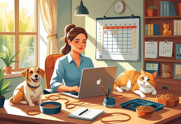 A mom working at a home desk with a dog and cat nearby in a cozy room filled with pet supplies.