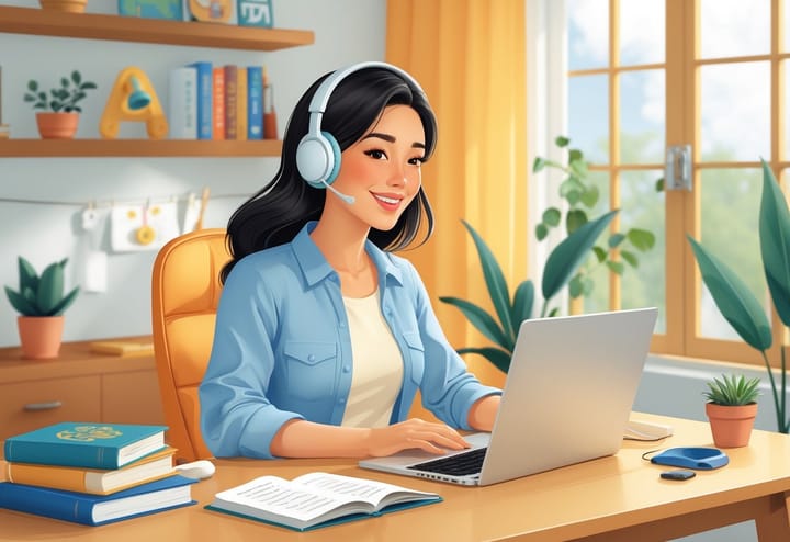 A bilingual mom working on a laptop at home, engaged in online tutoring in a cozy room.