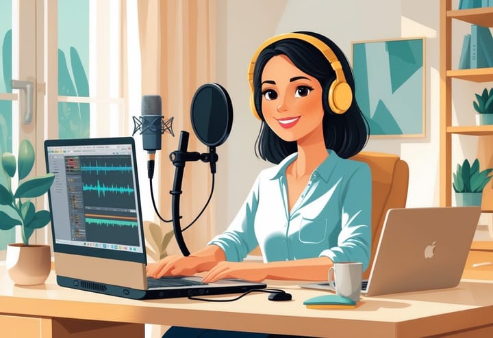 A stay-at-home mom recording voice-over work at a desk with a microphone and headphones, while a child plays nearby in a bright, cozy room.