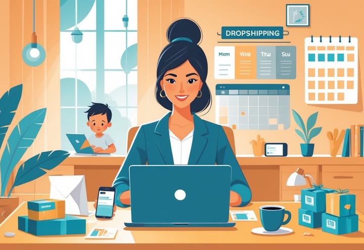 A mom working on a laptop at a home desk with packages and a child playing nearby.