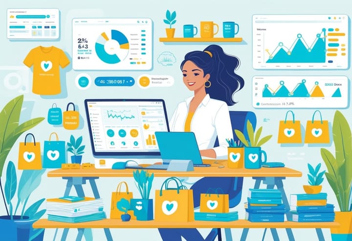 A mom entrepreneur working on a laptop in a bright home office surrounded by custom print-on-demand products like t-shirts and mugs, with digital charts and an organized workspace.