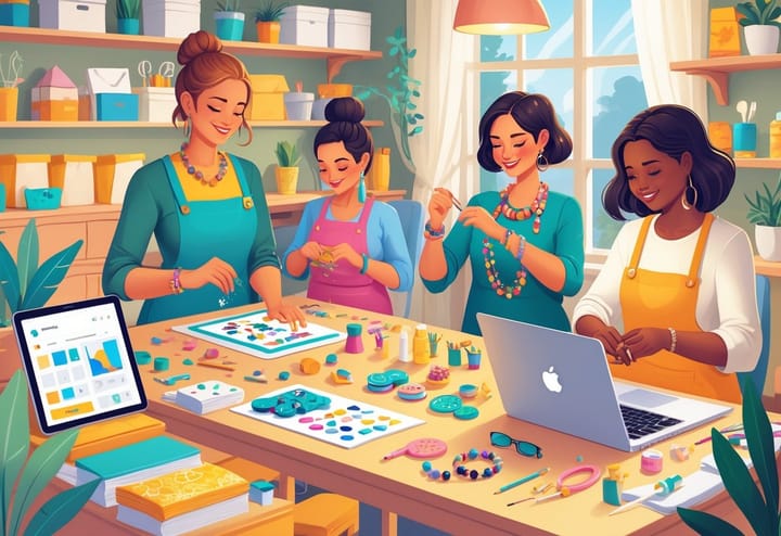 A group of moms working on different crafts like digital art, jewelry making, sewing, and home decor in a cozy home studio.