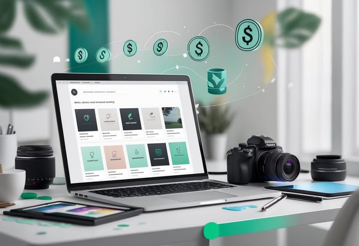 A home office setup with a laptop showing a digital marketplace, a camera, and photo editing tools on the desk, with icons representing money flow floating above.