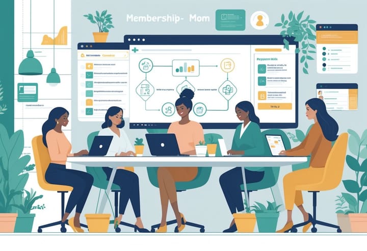 A group of diverse mom entrepreneurs working together in a home office, using laptops and tablets to build an online membership site.