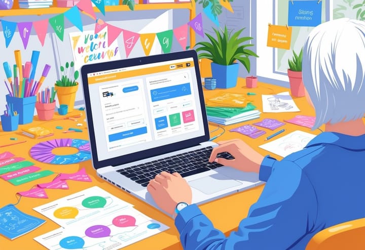 A person working at a desk with a laptop and colorful party decorations, planning an online shop in a bright home office.