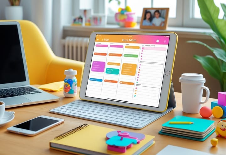 An iPad Mini on a desk displaying a digital planner app surrounded by items like a coffee cup, baby bottle, toys, and a smartphone, representing a busy mom's organized workspace.