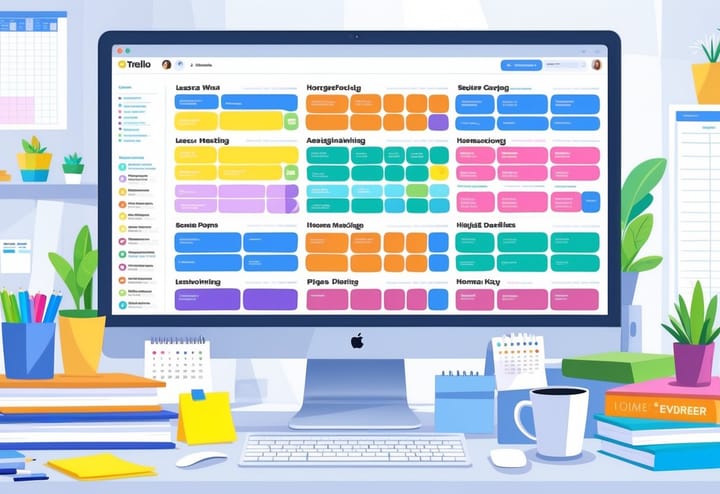 A workspace showing a computer screen with organized task boards, surrounded by homeschooling and business items like books, a laptop, and a calendar.